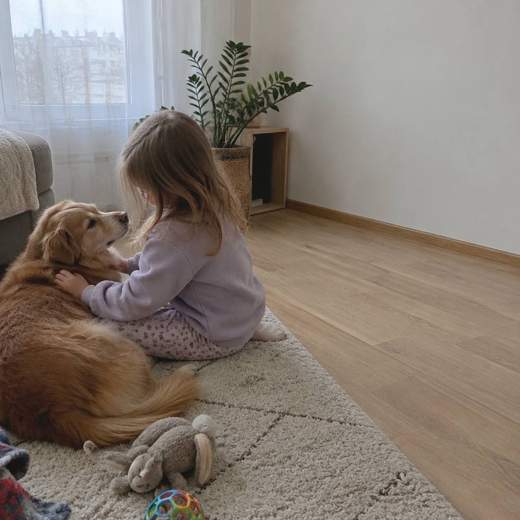 Mazs bērns uz paklāja apskauj suni dzīvoklī